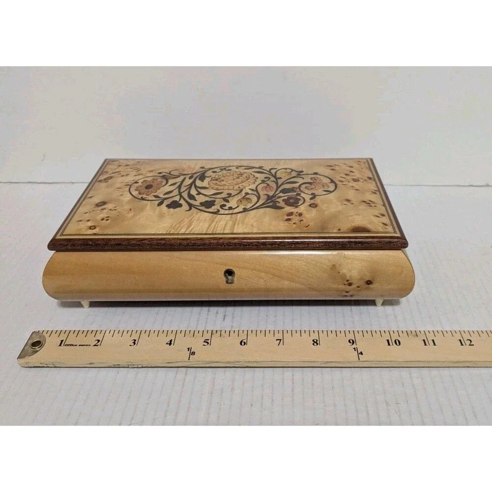 Vtg Reuge Musiceerk Inlaid Wood Music Jewelry Trinket Box 6.5x10 Made In Italy